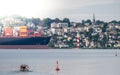 Container ship on the river Elbe in front of the district Blankenese in Hamburg, Germany Royalty Free Stock Photo