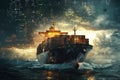 Container ship sailing through turbulent seas with a scientific overlay Royalty Free Stock Photo