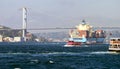 A container ship and several small passenger ships near the 15 July Martyrs Bridge on the Bosphorus.