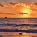 Container ship silhouetted against the sunset in Tokyo bay, as seen from Chiba coastline