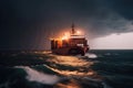 A container ship in the storm and rain is a daunting and dangerous situation of a large vessel battling through