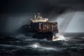 A container ship in the storm and rain is a daunting and dangerous situation of a large vessel battling through