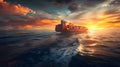 Container Ship at Sunset Ocean in the Style of Realism