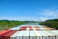 Container ship transiting through Panama Canal. Royalty Free Stock Photo