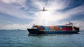 Container ship transporting cargo logistic to import export goods internationally around the world, including Asia Pacific and