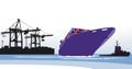 Container ship with tugboat in port, illustration