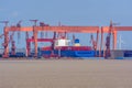 Container ship under construction at shipyard. Royalty Free Stock Photo
