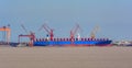 Container ship under construction at shipyard. Royalty Free Stock Photo