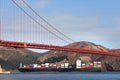 Container Ship under The Golden Gate Bridge. Royalty Free Stock Photo