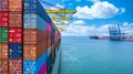 Container ship unloading in deep sea port, Global business logistic import export freight shipping transportation oversea