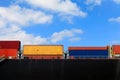 Container ship and Various brands and colors of shipping containers stacked in a holding platform Royalty Free Stock Photo