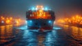 Container Ship Vessel Navigating Through Night Shipping Terminal extreme closeup. Generative AI