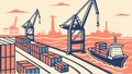Container Shipping Port with Cargo Ship and Industrial Cranes, vector design Generative AI Royalty Free Stock Photo