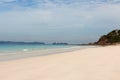 Container shipping by the sea. Sand beach tropical summer background. Cargo ship.