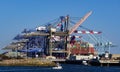 Container shipping terminal loading an oceangoing ship at the Port of Los Angeles, California