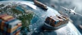 Global trade scene showing ships and planes transporting containers over Earth in a bustling commercial environment highlighting Royalty Free Stock Photo