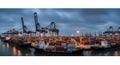 Container ships docked at a busy port terminal with cranes under a cloudy evening sky Royalty Free Stock Photo