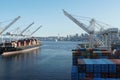 Container SSA terminal with gantry cranes on both sides.