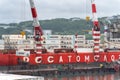 Container terminal commercial sea port, unloaded container ship Sevmorput - Russian nuclear-powered icebreaker lighter