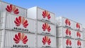 Container yard full of containers with logo of Huawei. Export or import related editorial 3D rendering