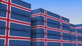 Container terminal full of containers with flag of Iceland. Icelandic export or import related 3D rendering