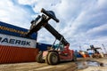 Summer, 2016 - Primorsky Krai, Russia - Container terminal. Large forklift lifts a metal container