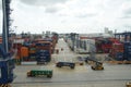 Container terminal with reach stacker, trucks and boxes from different shippers lined in the Port of Cartagena.