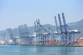 Container terminal in the sea port, view on the gantry cranes.