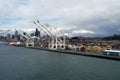 Container terminal with gantry cranes situated in port of Seattle, Washington, USA with silhouette of skyscrapers in background un