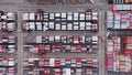 Container terminal - view from above, many multi-color containers and cranes