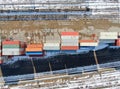 Container transport by rail. Aerial view panorama of a major railway station in the big city.