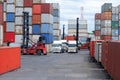 container truck and container forklifts Located behind a pile of containers