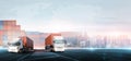 Container truck on highway road at the dock with stack of colorful containers box background and copy space, Cargo freight