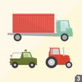 Container truck, safari jeep and farm tractor