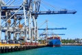 A container ship under the giant cranes of the Port of Auckland, New Zealand Royalty Free Stock Photo