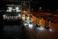 Container vessels under cargo operation by gantry cranes during night in port of Kingston.