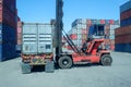 Container yard industry with forklift work for the import and export business Royalty Free Stock Photo