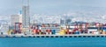 Container yard with straddle carriers and other facilities in cargo terminal of Limassol port