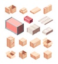 Containers and boxes isometric set. Cardboard and wooden boxes packaging transport delivery industrial large containers