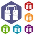 Containers connected with tubes icons set hexagon