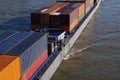 Containers on container ship on river.