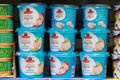 Containers cottage cheese with taste of fish. Seafood department. Illustrative editorial. June 24, 2021, Beltsy Moldova