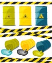 Containers with explosive and reactive substances, waste of chemical industry. Flow of dangerous toxic chemicals. Oil. Vector