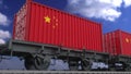 Containers with the flag of China. Railway transportation. 3d rendering