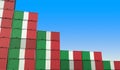 Containers with flag of Italy represent declining trend. Economic or export crisis concept. 3D rendering