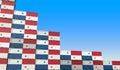 Containers with flag of Panama represent declining trend. Economic or export crisis concept. 3D rendering