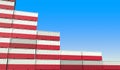 Containers with flag of Poland represent declining trend. Economic or export crisis concept. 3D rendering