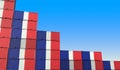 Containers with flag of France represent declining trend. Economic or export crisis concept. 3D rendering