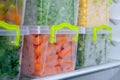 Containers with frozen vegetables in refrigerator Royalty Free Stock Photo