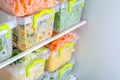 Containers with frozen vegetables in refrigerator Royalty Free Stock Photo